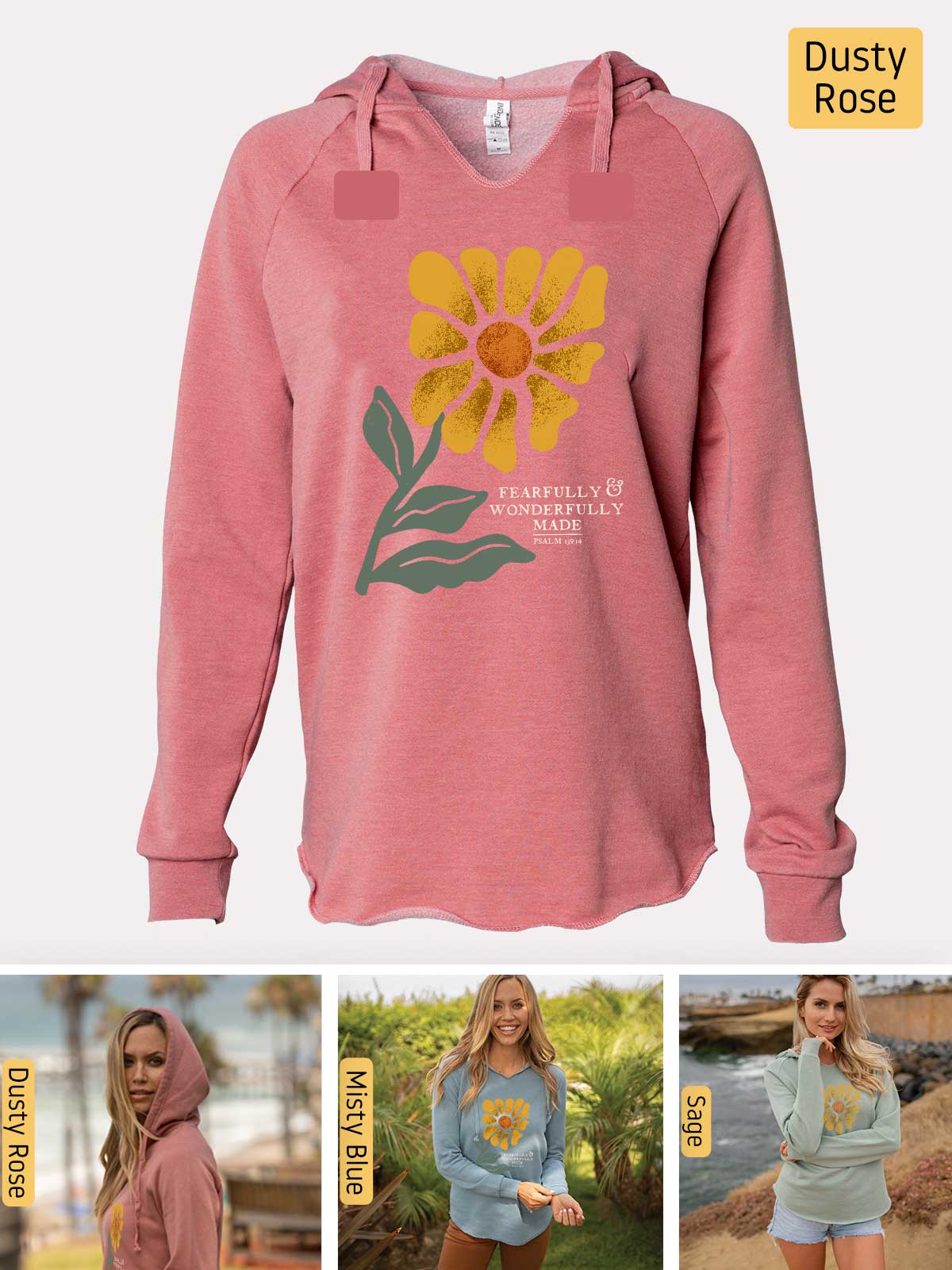a woman wearing a pink sweatshirt with a yellow flower on it