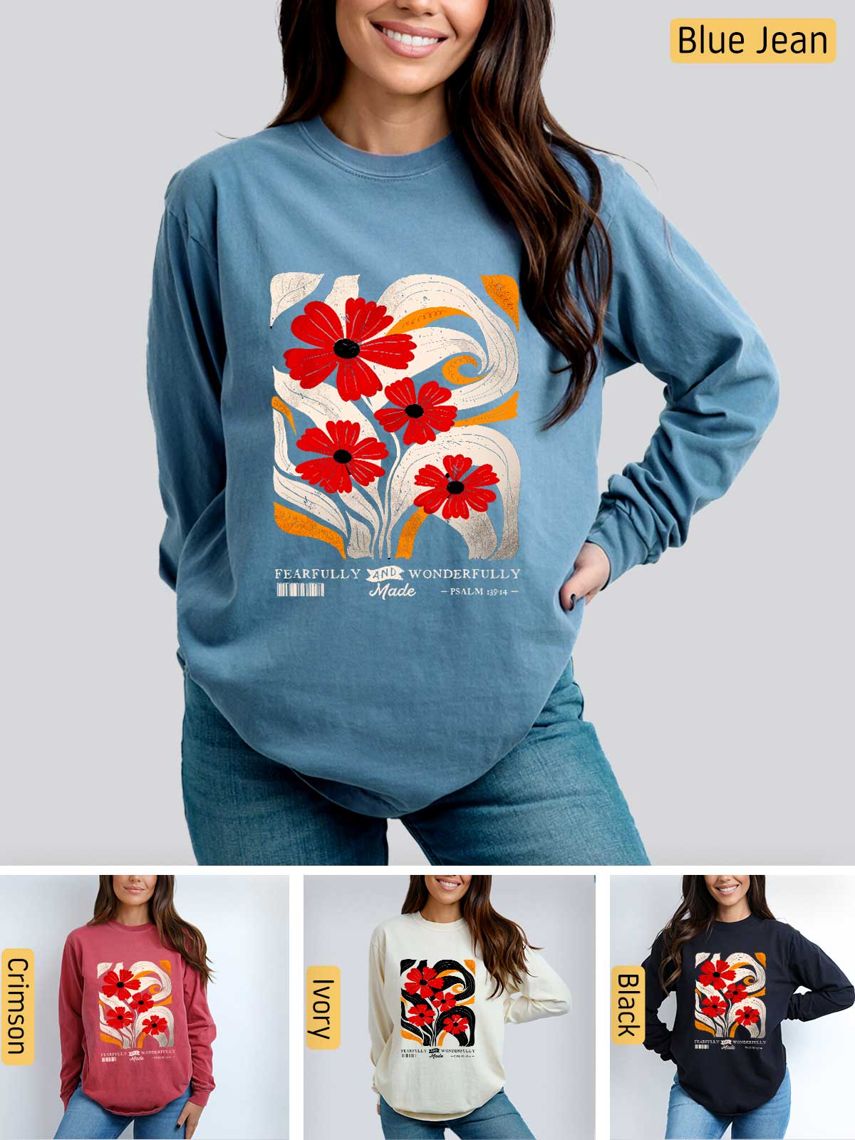 a woman wearing a blue sweater with red flowers on it