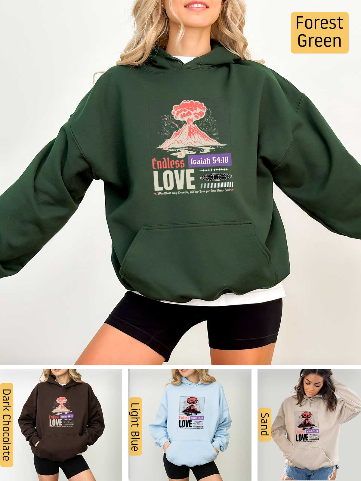a woman wearing a green hoodie with the words love on it