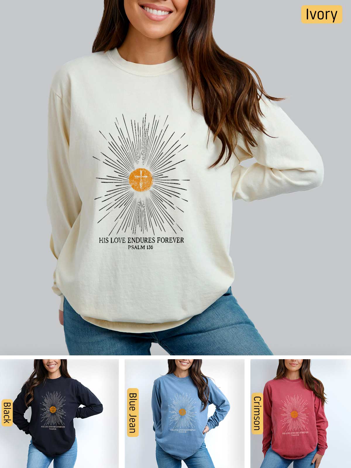 a woman wearing a white sweatshirt with a sun graphic on it