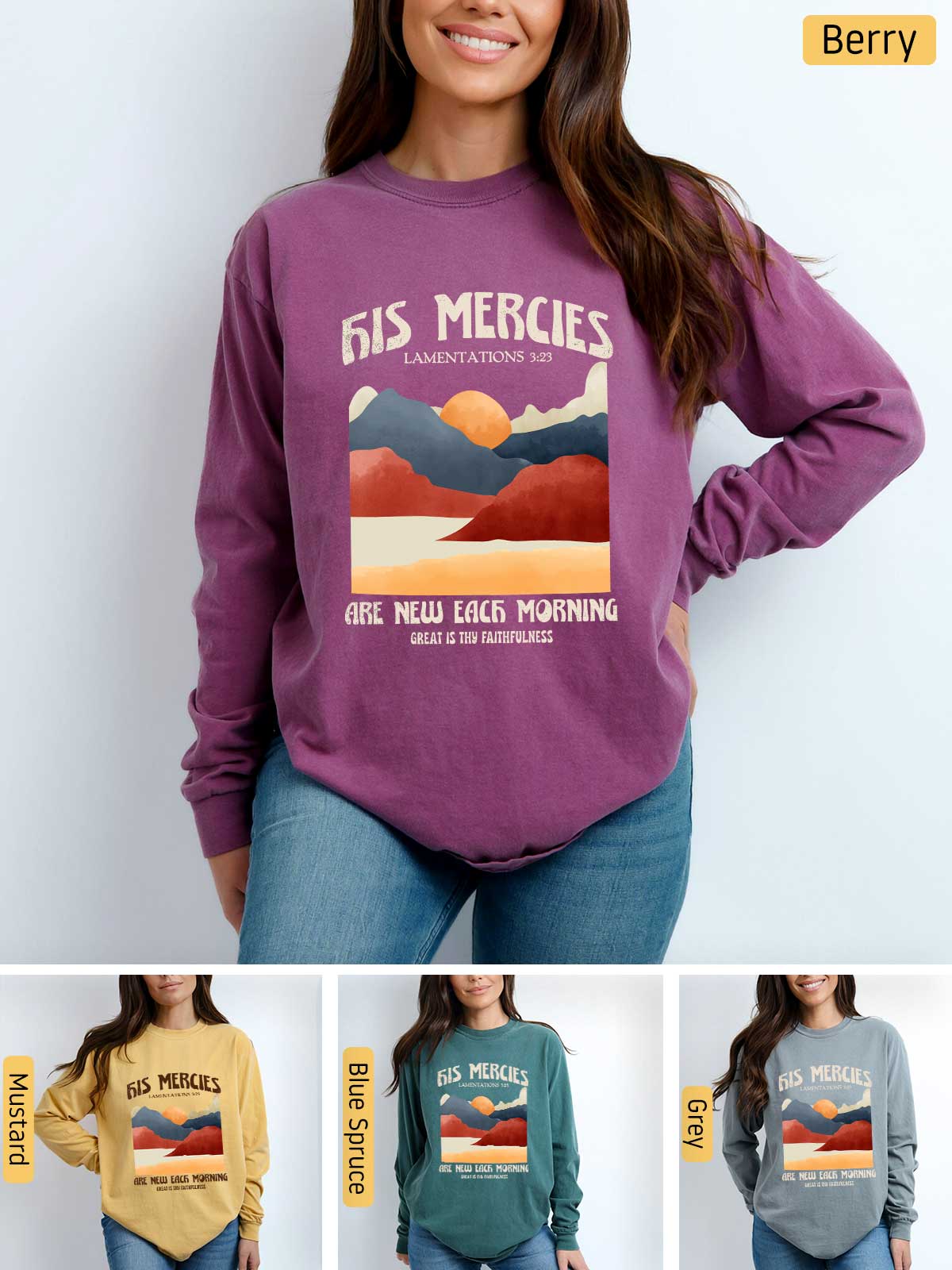 a woman wearing a sweatshirt with a mountain scene on it