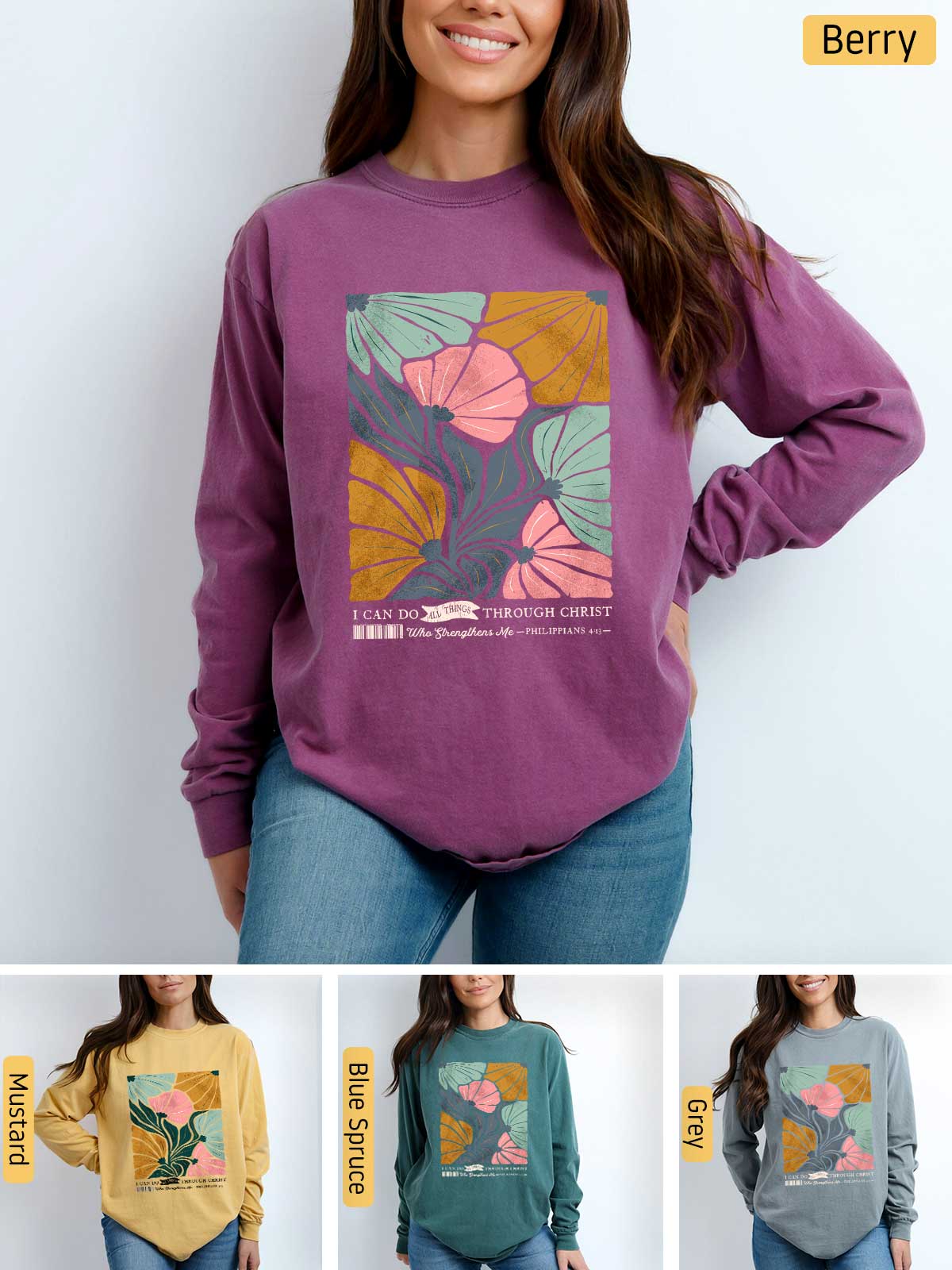 a woman wearing a sweatshirt with a flower design on it