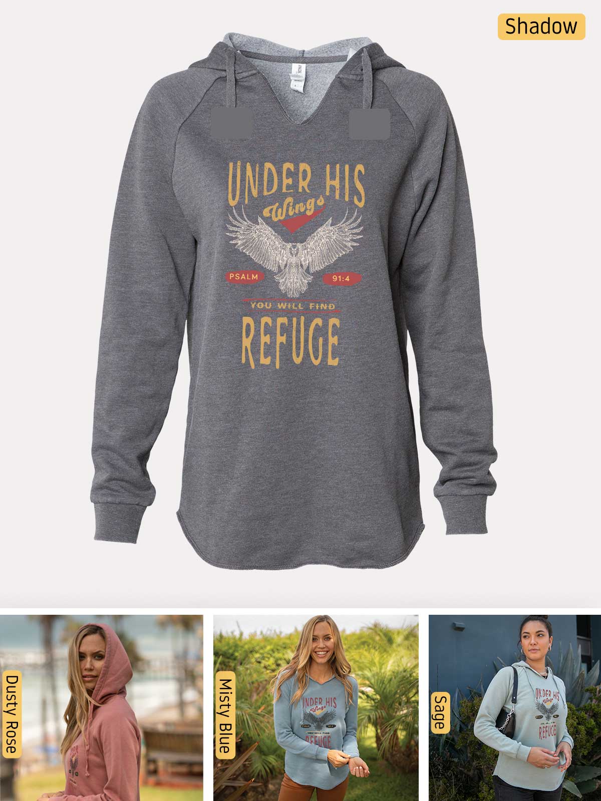 a women's hoodie with the words under his refuge on it