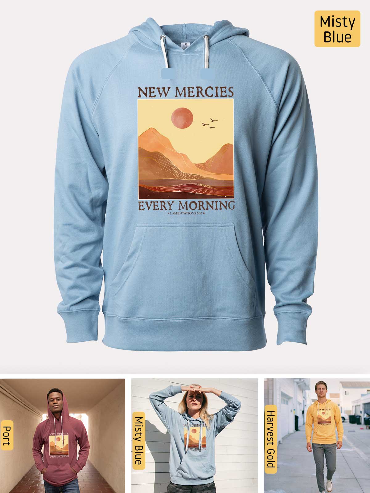 a blue sweatshirt with a picture of a man wearing a new mercies hoodie