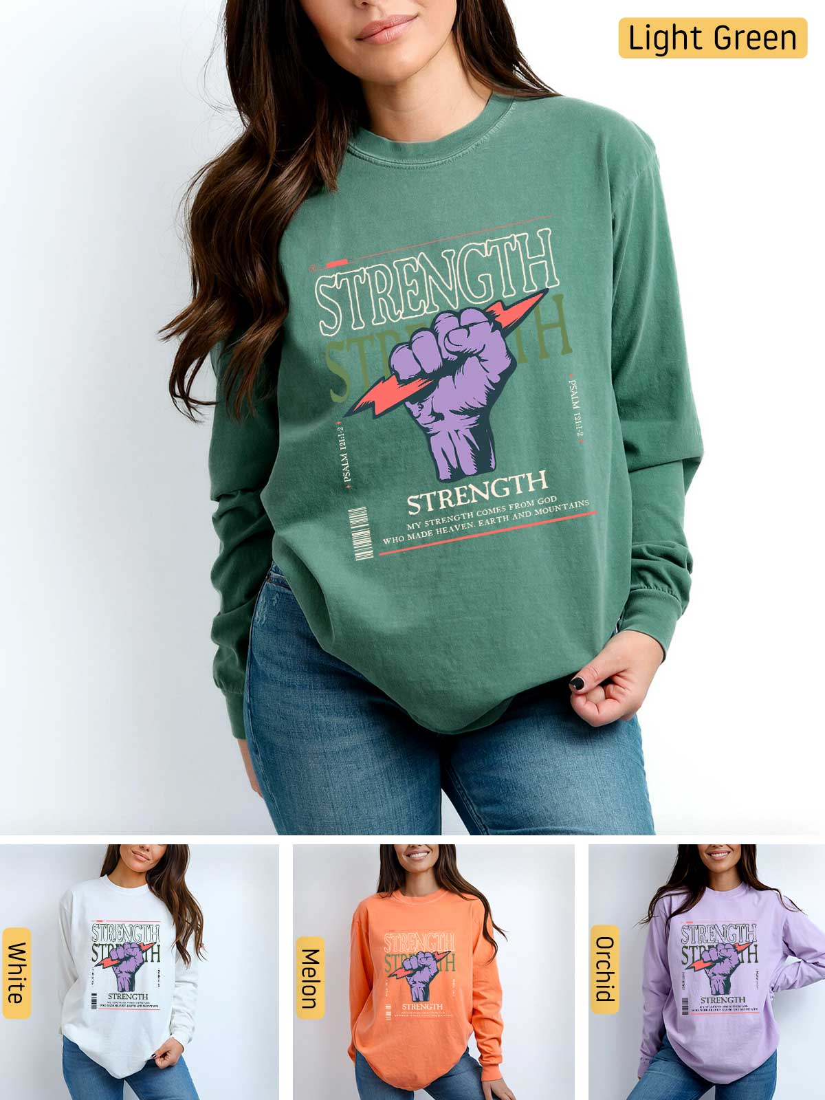 a woman wearing a sweatshirt with the words strength on it