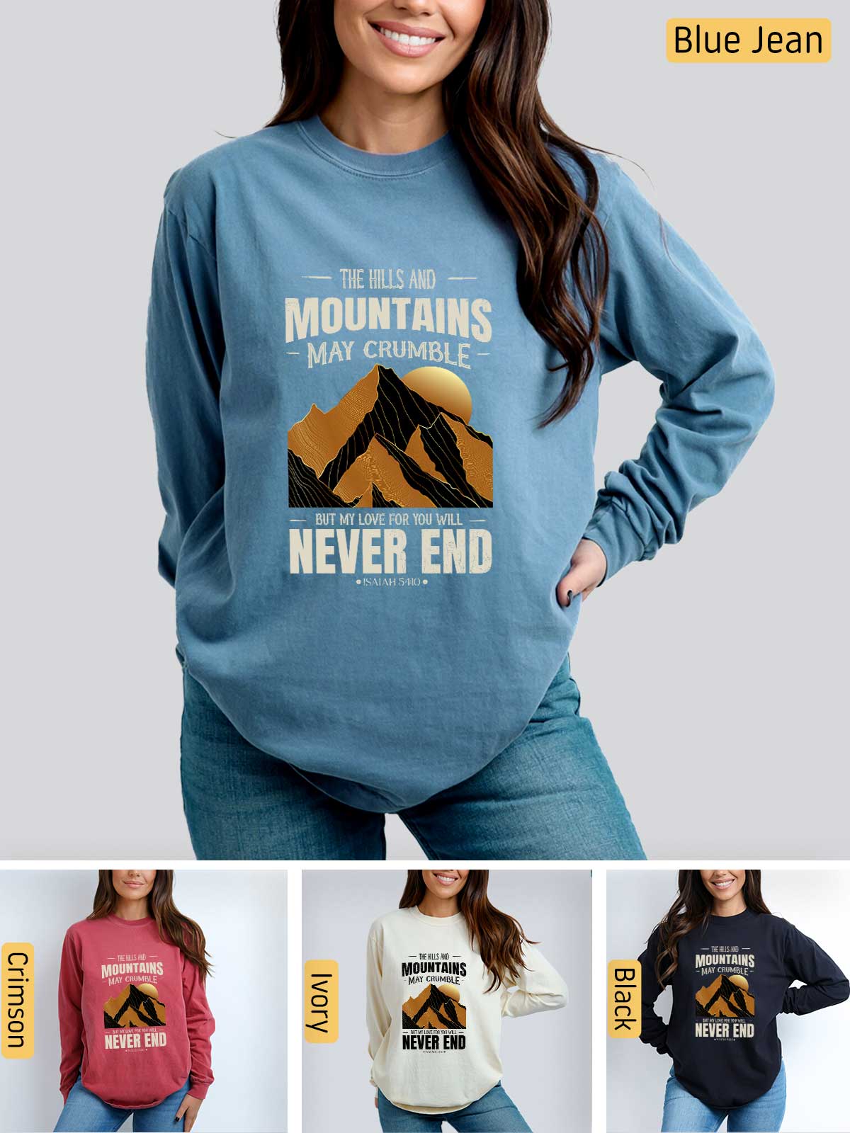 a woman wearing a blue sweatshirt with mountains on it