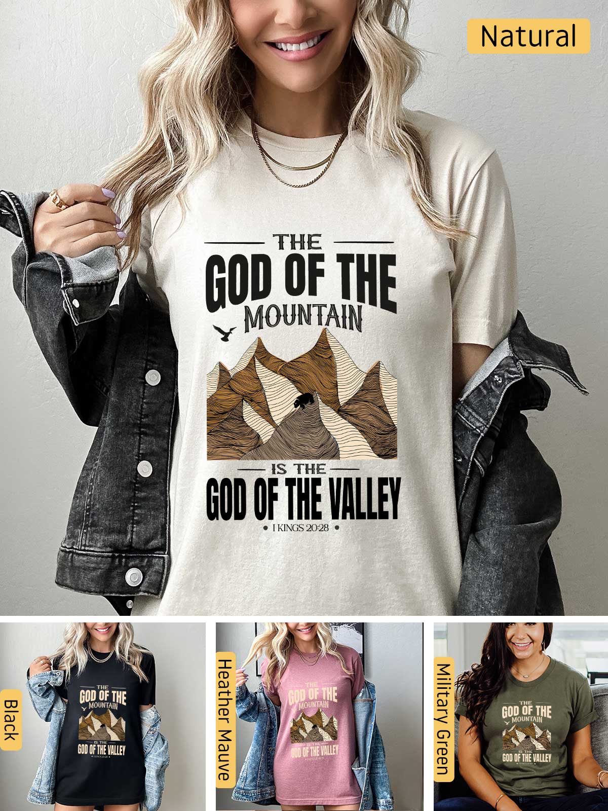 a woman wearing a t - shirt that says the god of the mountain is the