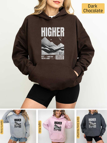 a woman wearing a hoodie with the words higher on it