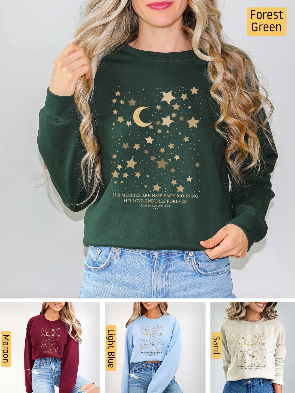 a woman wearing a green sweater with stars and moon on it