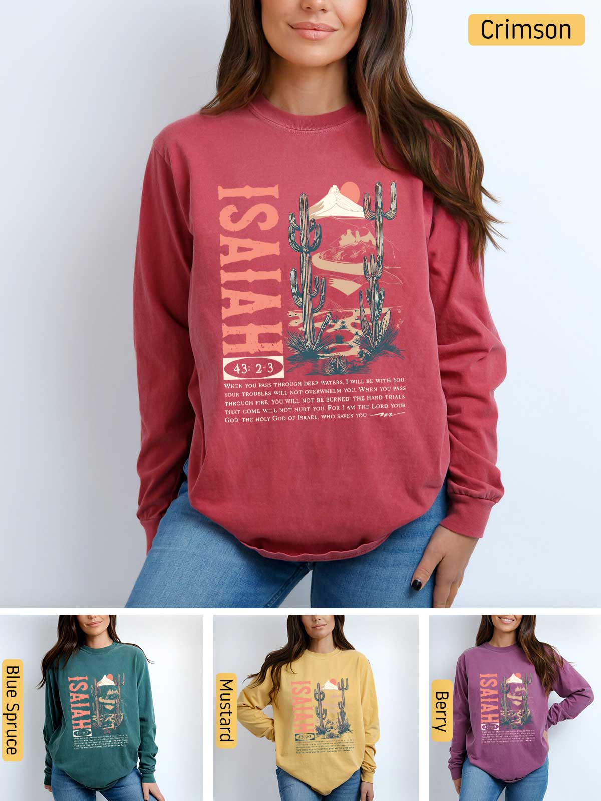 a woman wearing a red sweatshirt with a picture of a cactus on it
