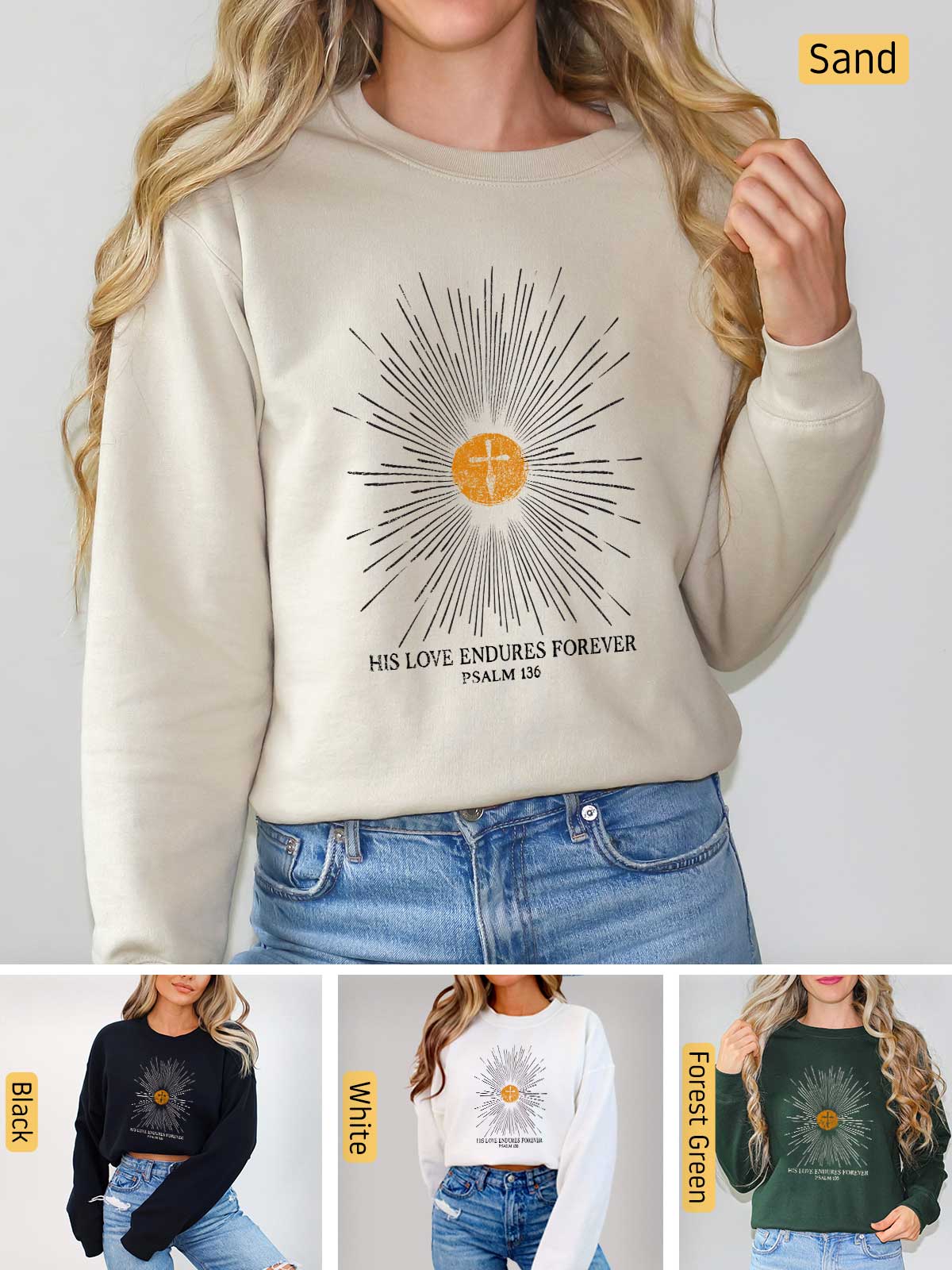 a woman wearing a sweatshirt with a sun graphic on it