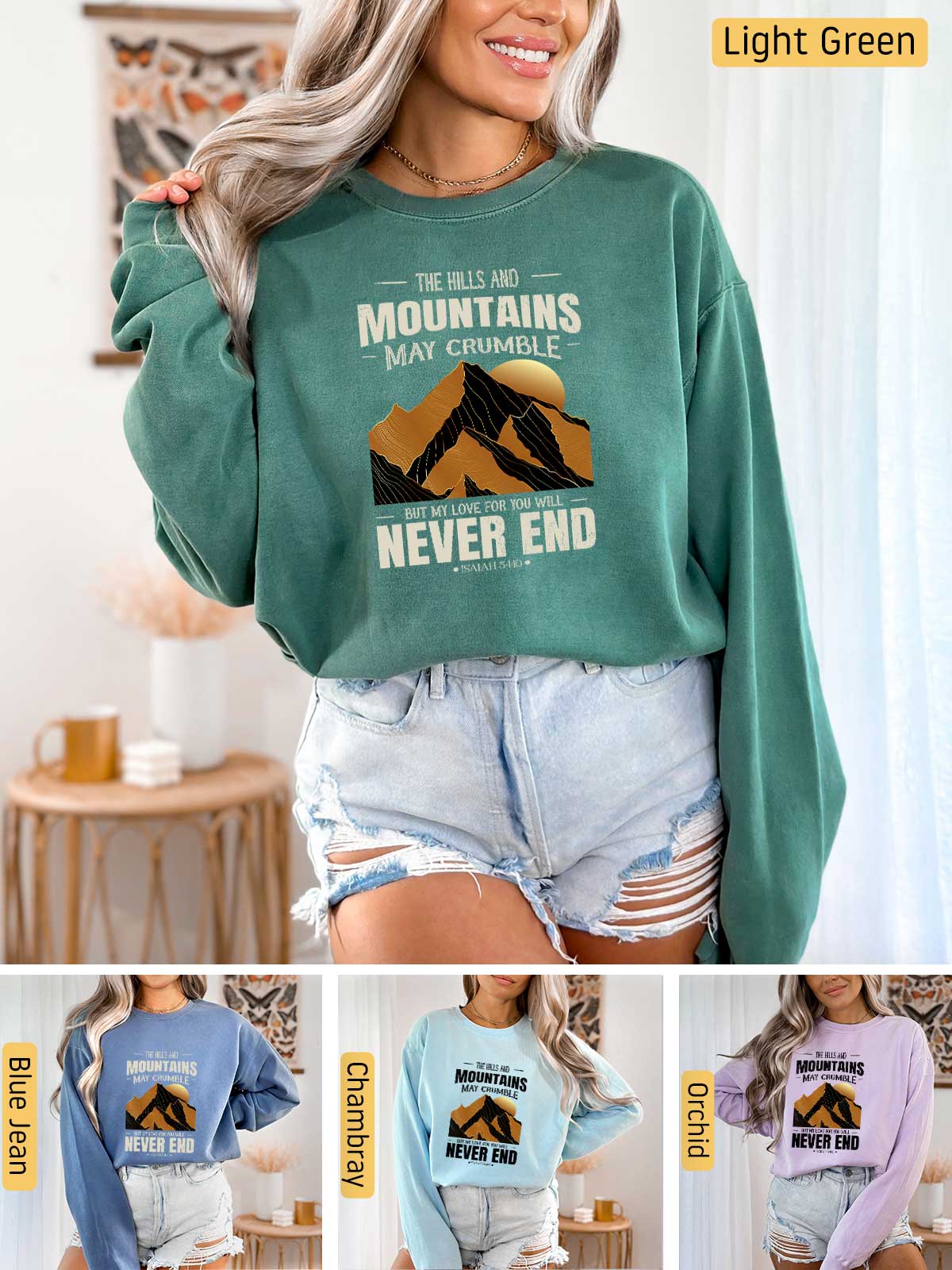 a collage of photos of a woman wearing a mountain sweatshirt