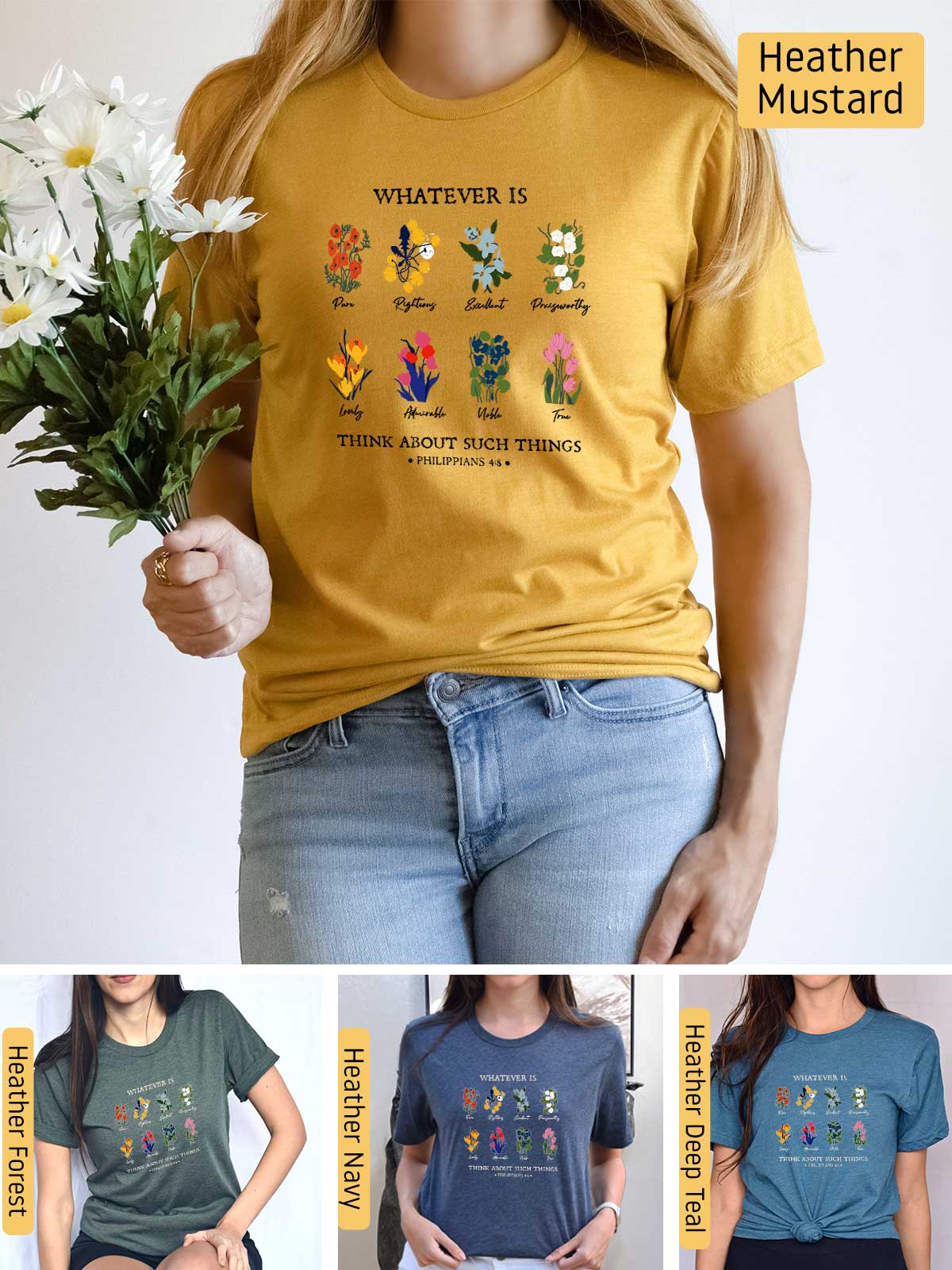 a woman wearing a t - shirt with flowers on it