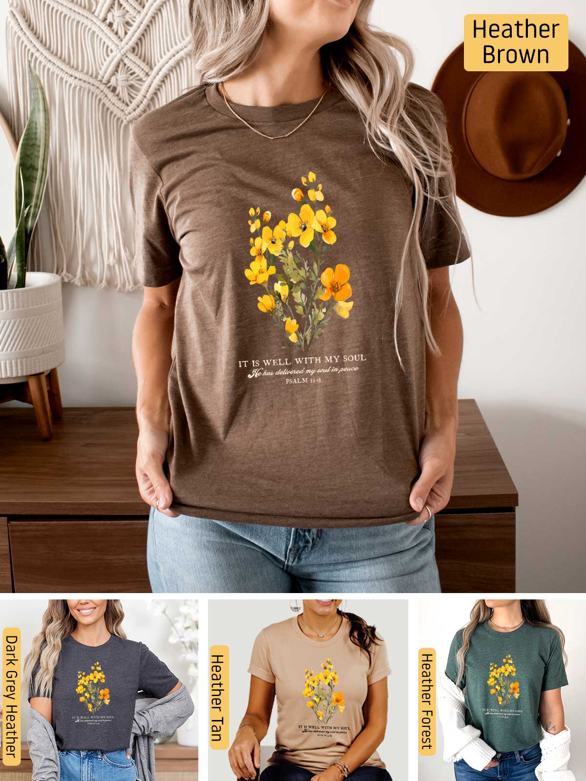 a woman wearing a brown shirt with yellow flowers on it