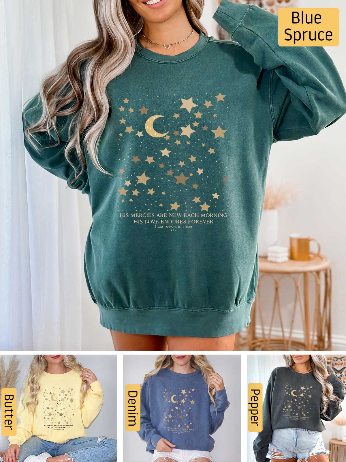 a woman wearing a green sweatshirt with gold stars on it