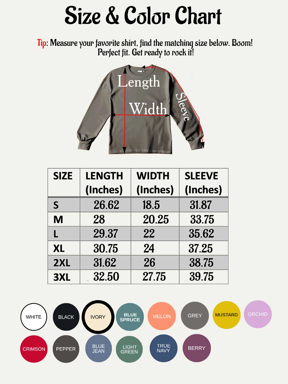 the size and color chart for a long sleeved shirt