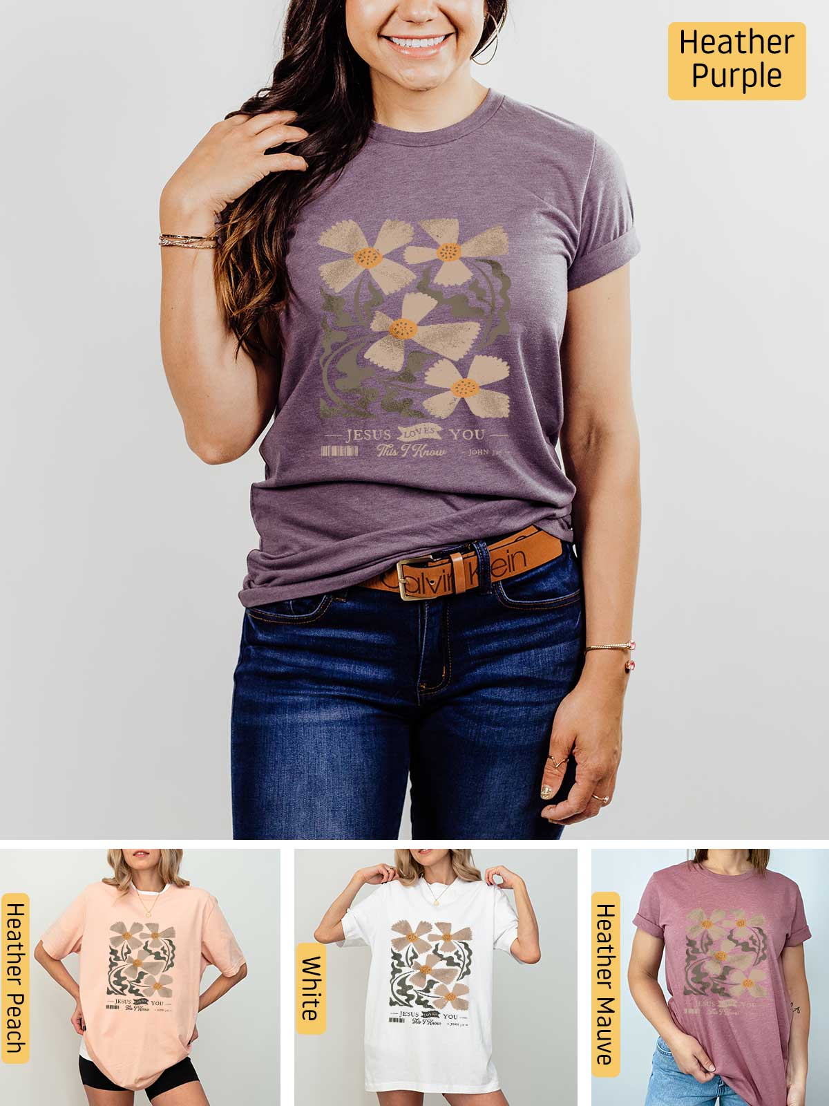 a woman wearing a t - shirt with flowers on it