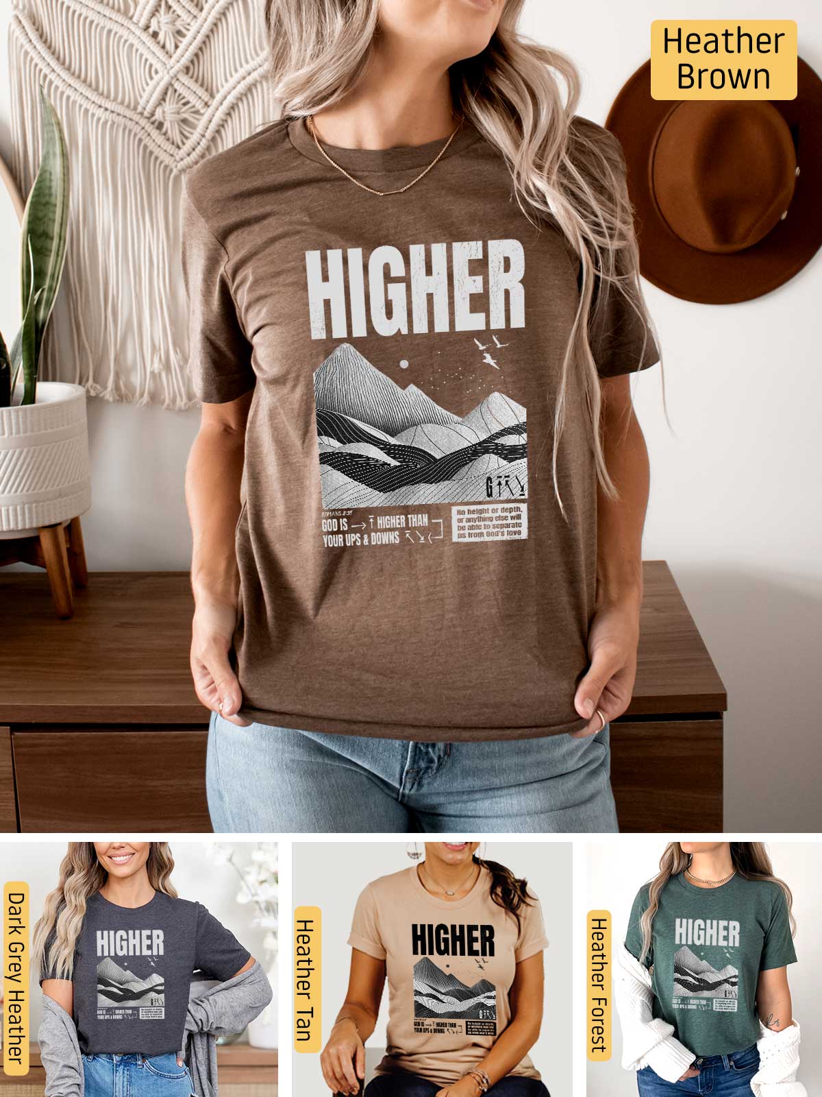 a woman wearing a brown t - shirt with the words higher printed on it