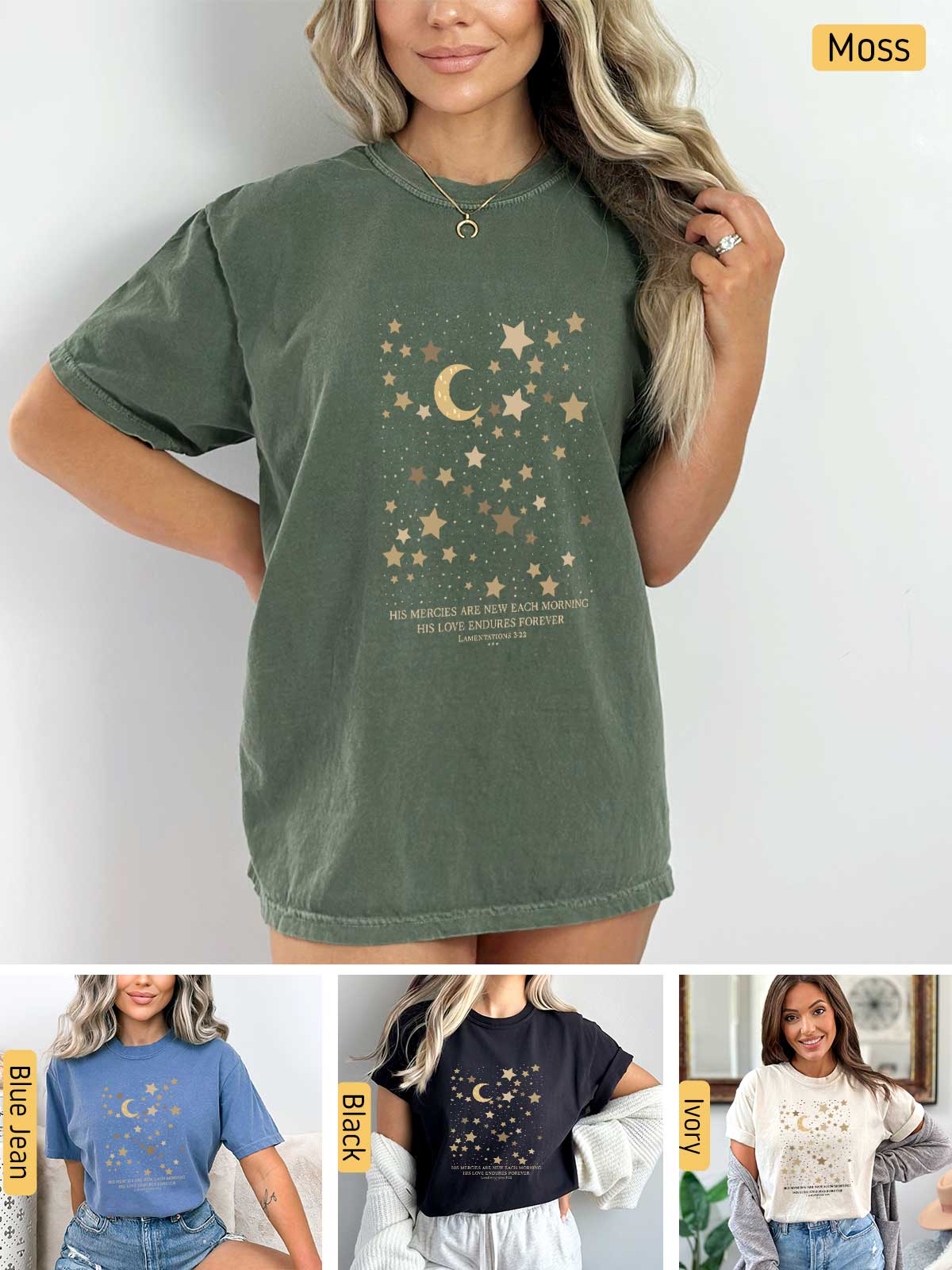 a woman wearing a t - shirt with stars and a moon on it