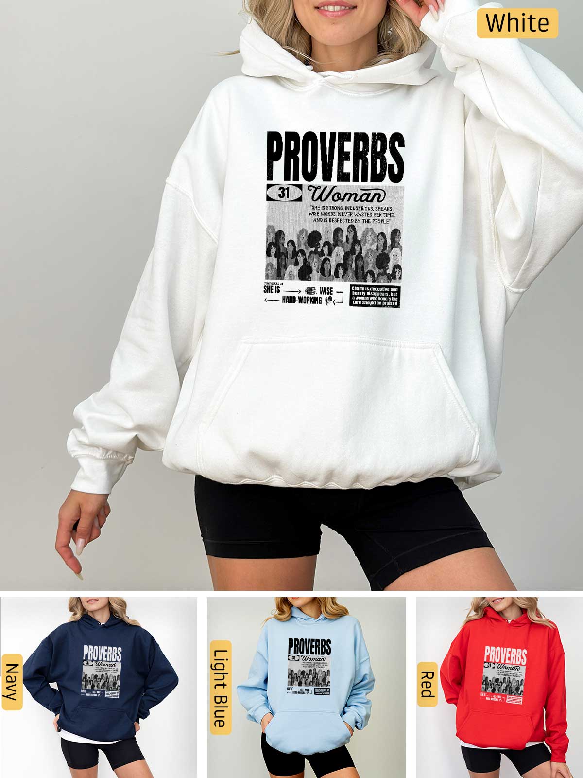 a woman wearing a hoodie with the words proverbs on it