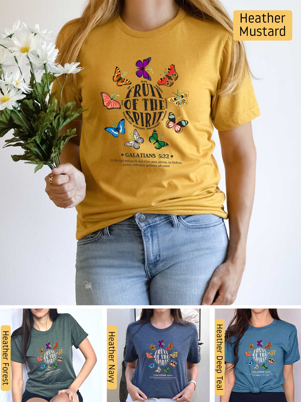 a woman wearing a t - shirt with a flower in her hand