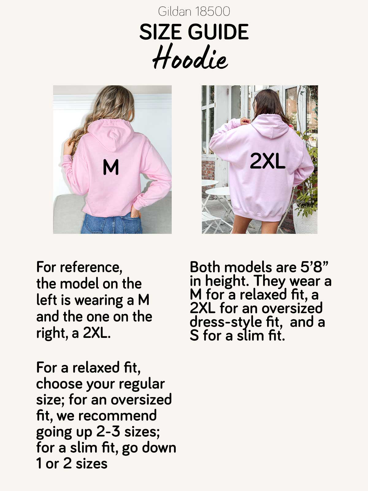 a woman wearing a pink hoodie with measurements