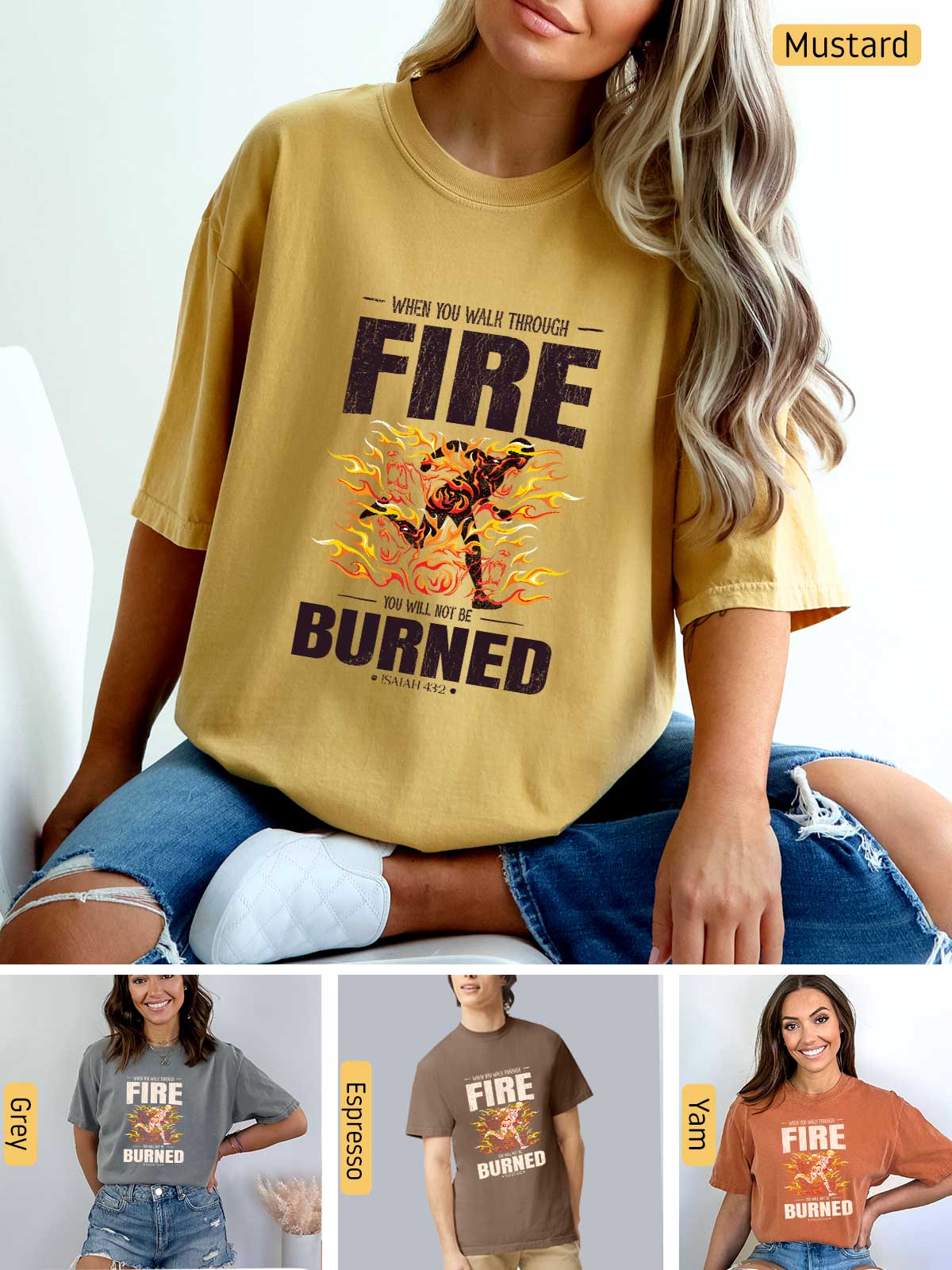 a woman sitting on a couch wearing a fire burned t - shirt