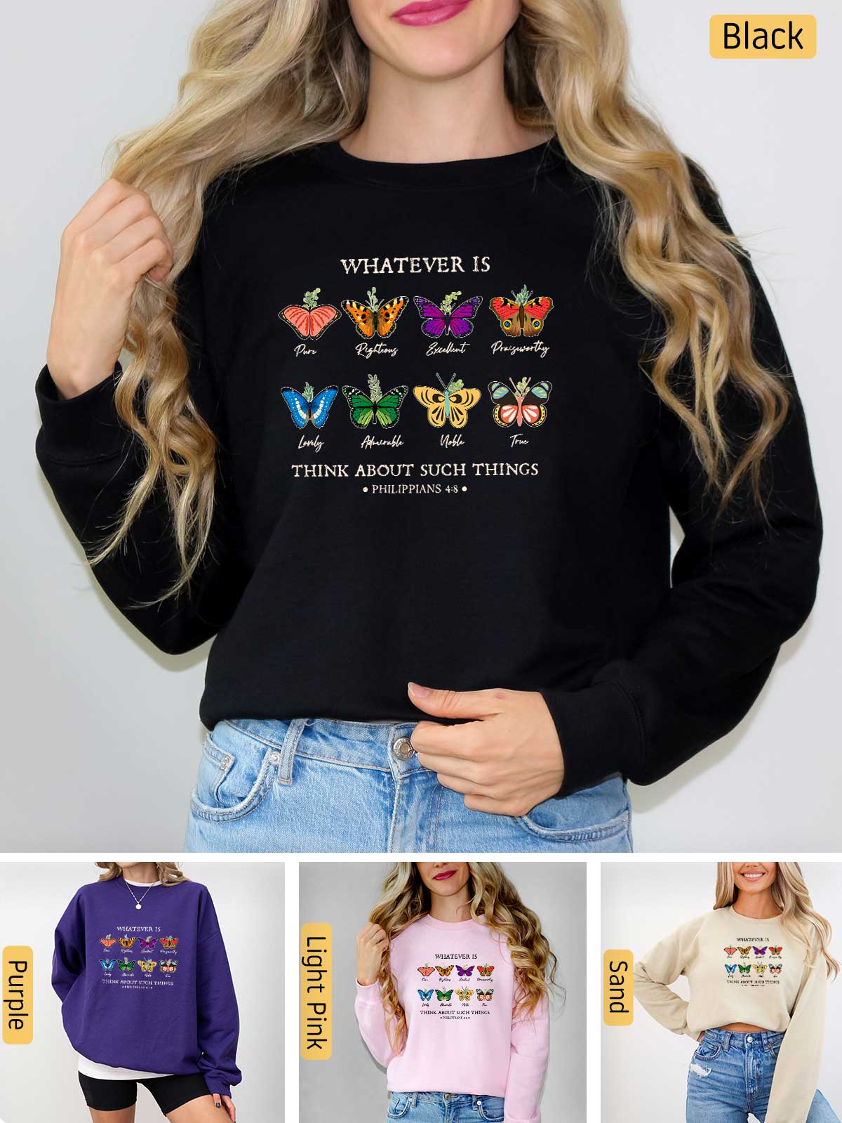 a woman wearing a black sweater with butterflies on it