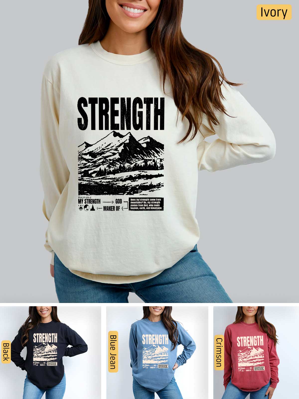 a woman wearing a sweatshirt with the words strength on it