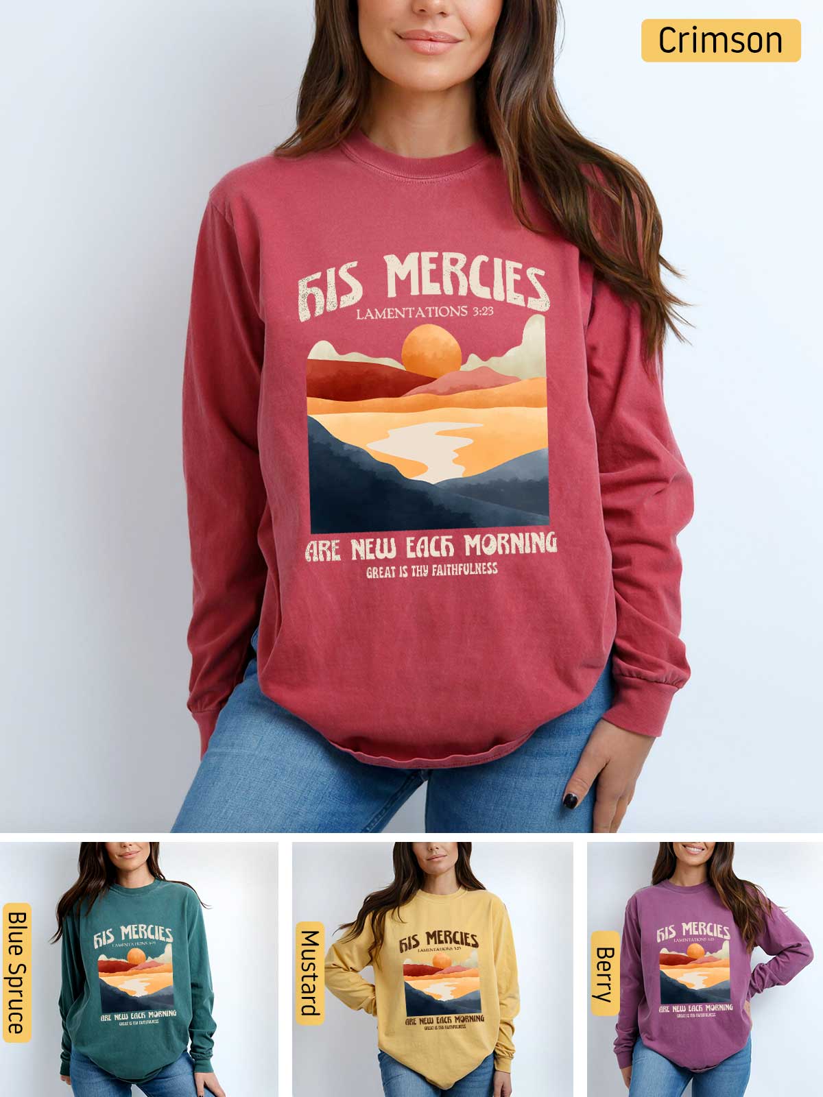 a woman wearing a red sweatshirt with a picture of a sunset on it