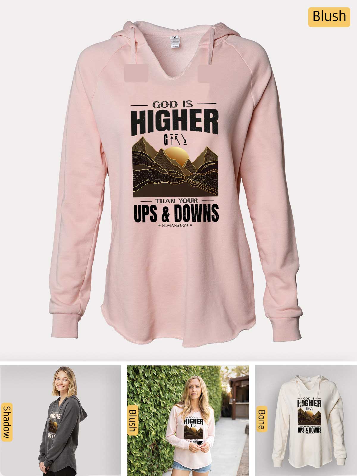 a women's hoodie with the words, god is higher than us and