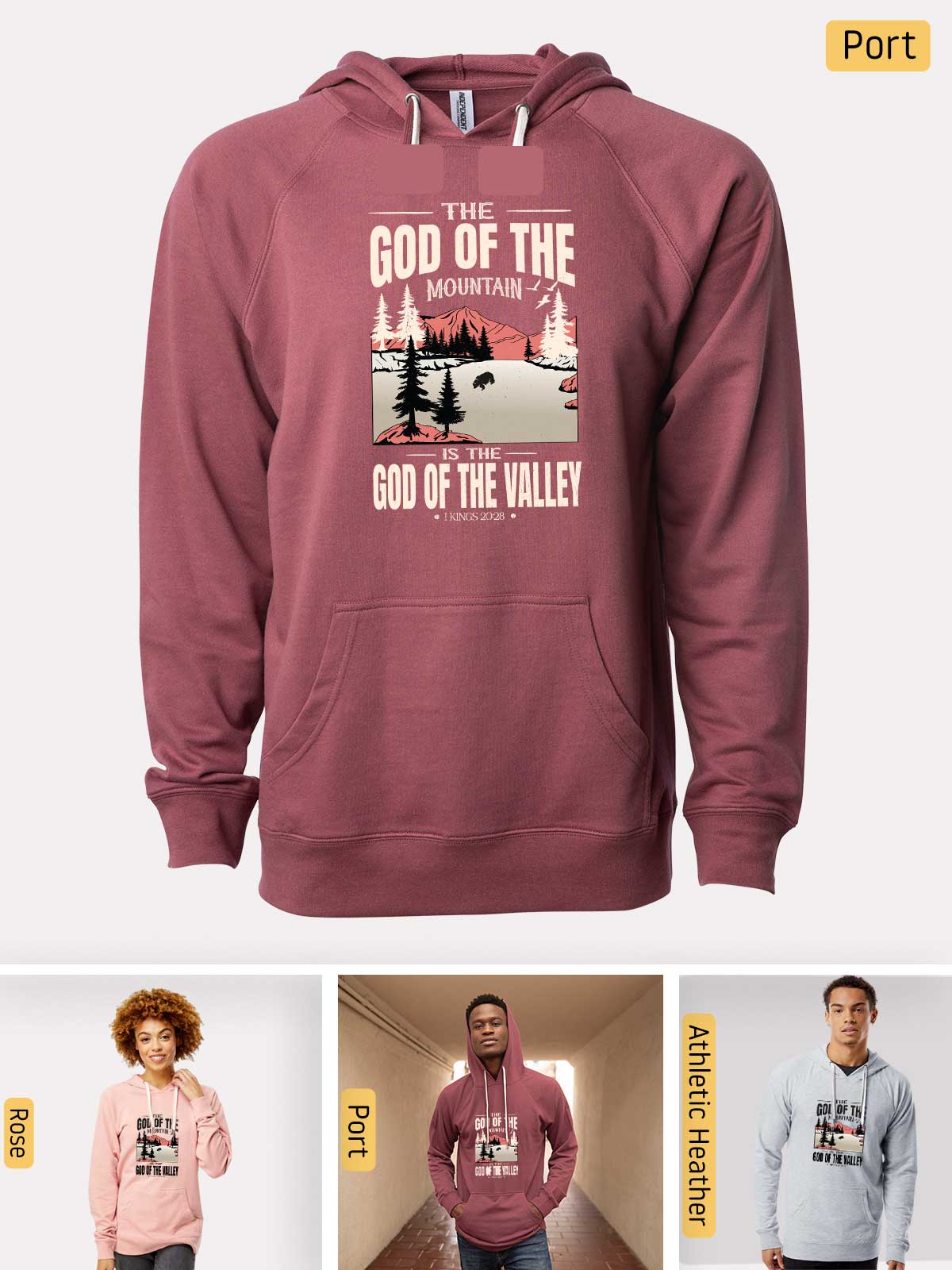 a red hoodie with the words god of the mountains on it
