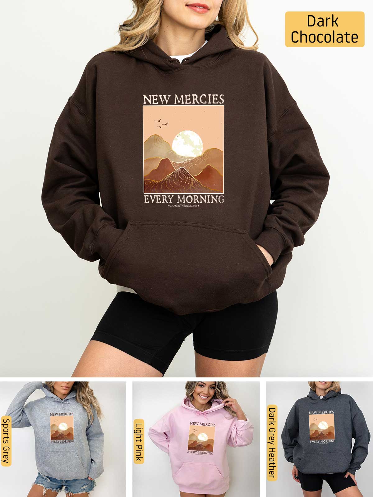 a woman wearing a new mercies every morning hoodie