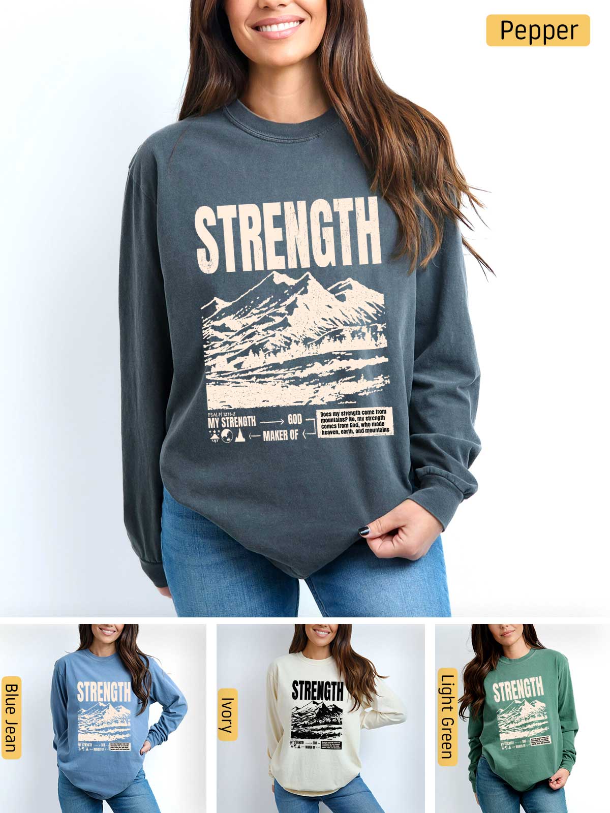 a woman wearing a sweatshirt with the words strength on it