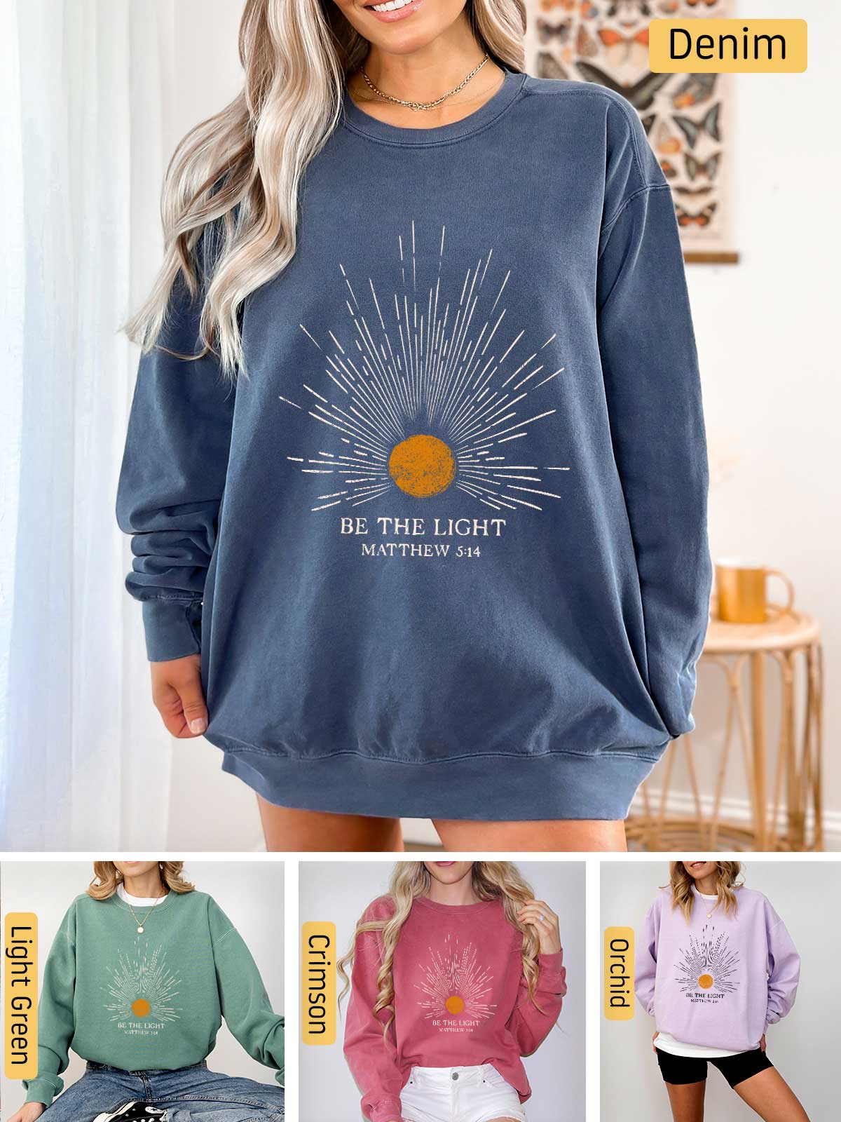 a woman wearing a sweatshirt with the words be the light on it