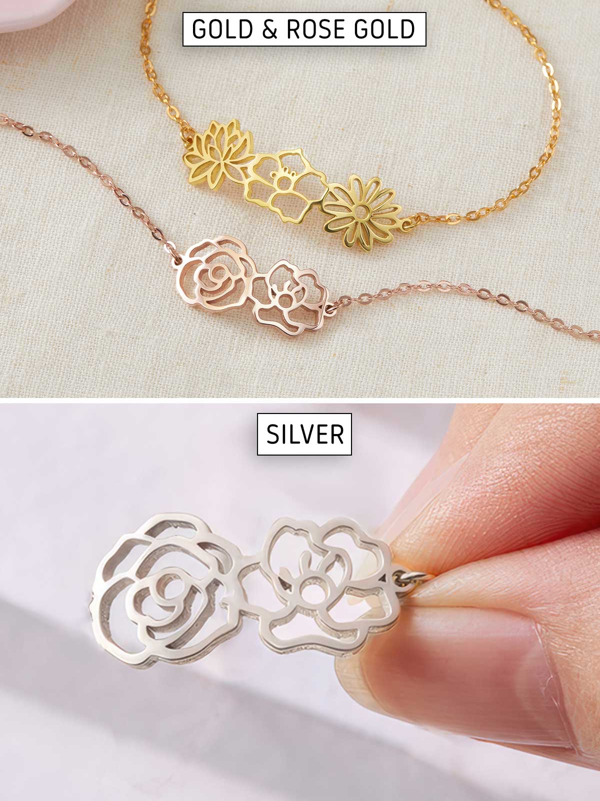 a gold and silver necklace with flowers on it