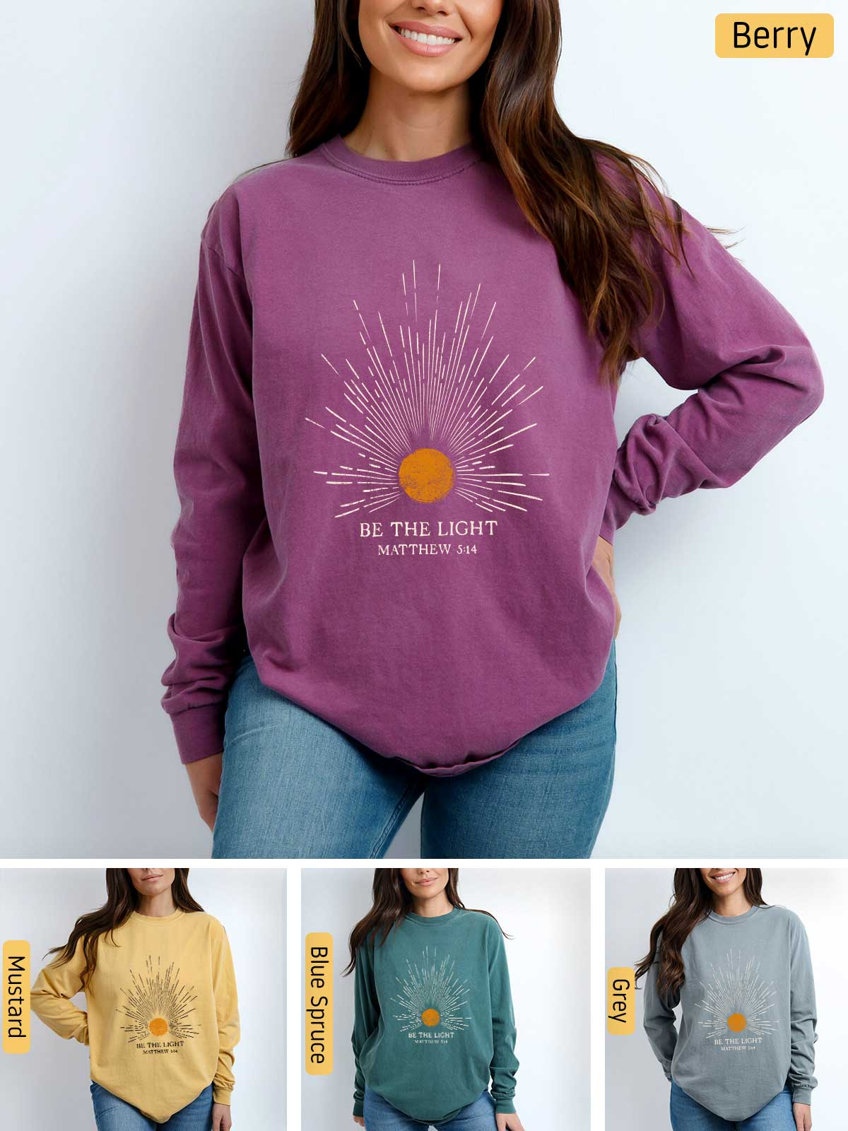 a woman wearing a purple sweatshirt with the words be the light on it