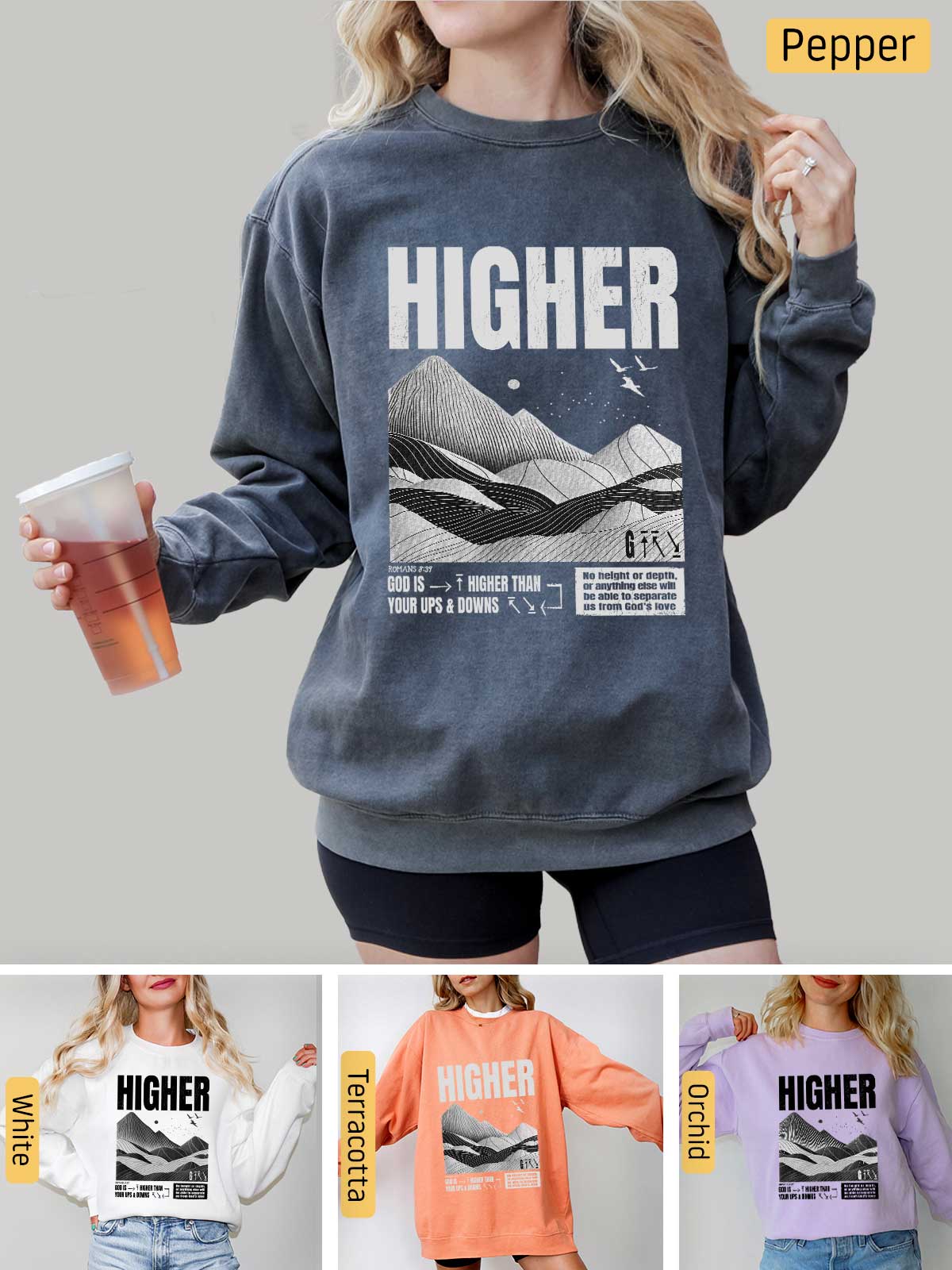 a woman wearing a sweatshirt with the words higher on it