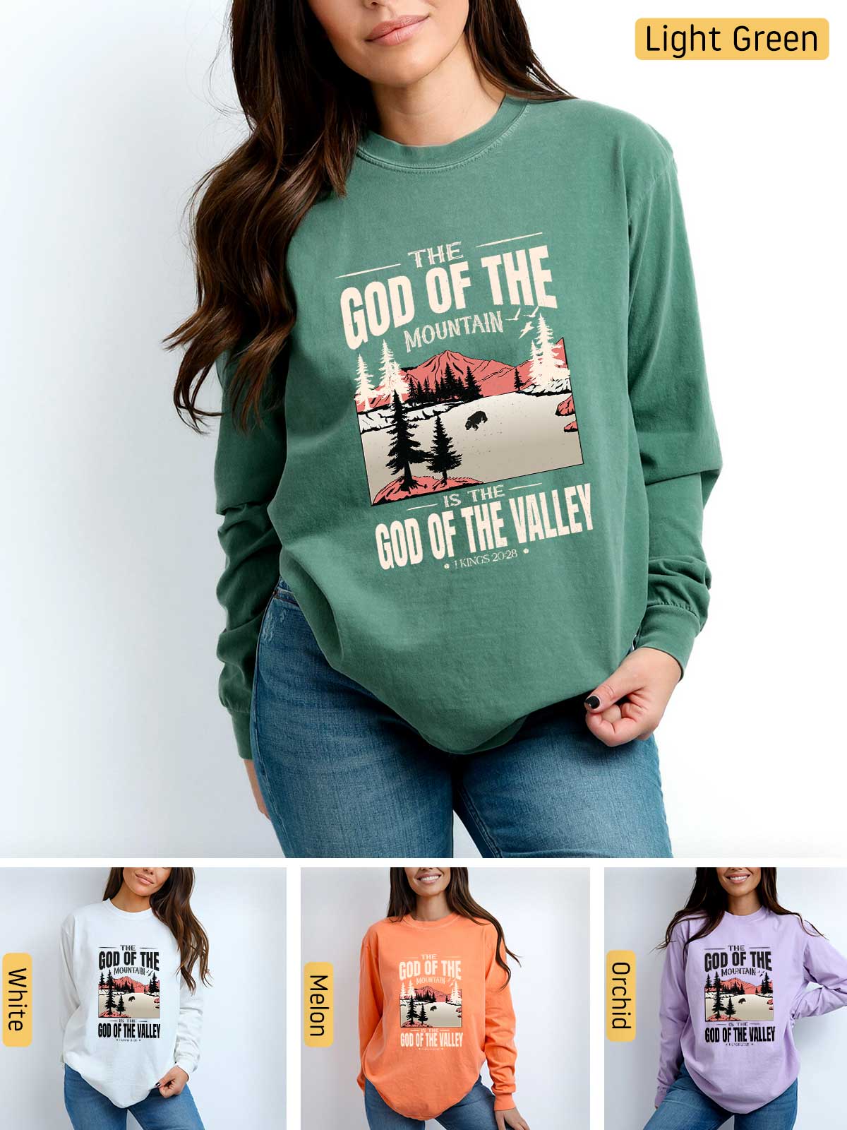 a woman wearing a sweatshirt that says god of the mountains