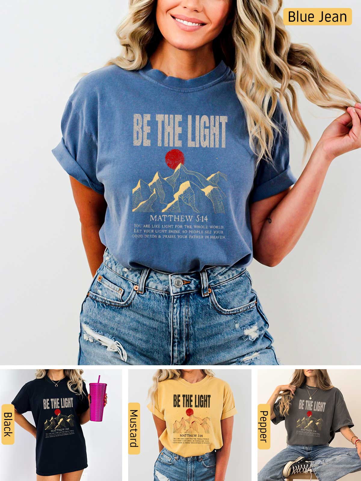 a woman wearing a t - shirt that says be the light