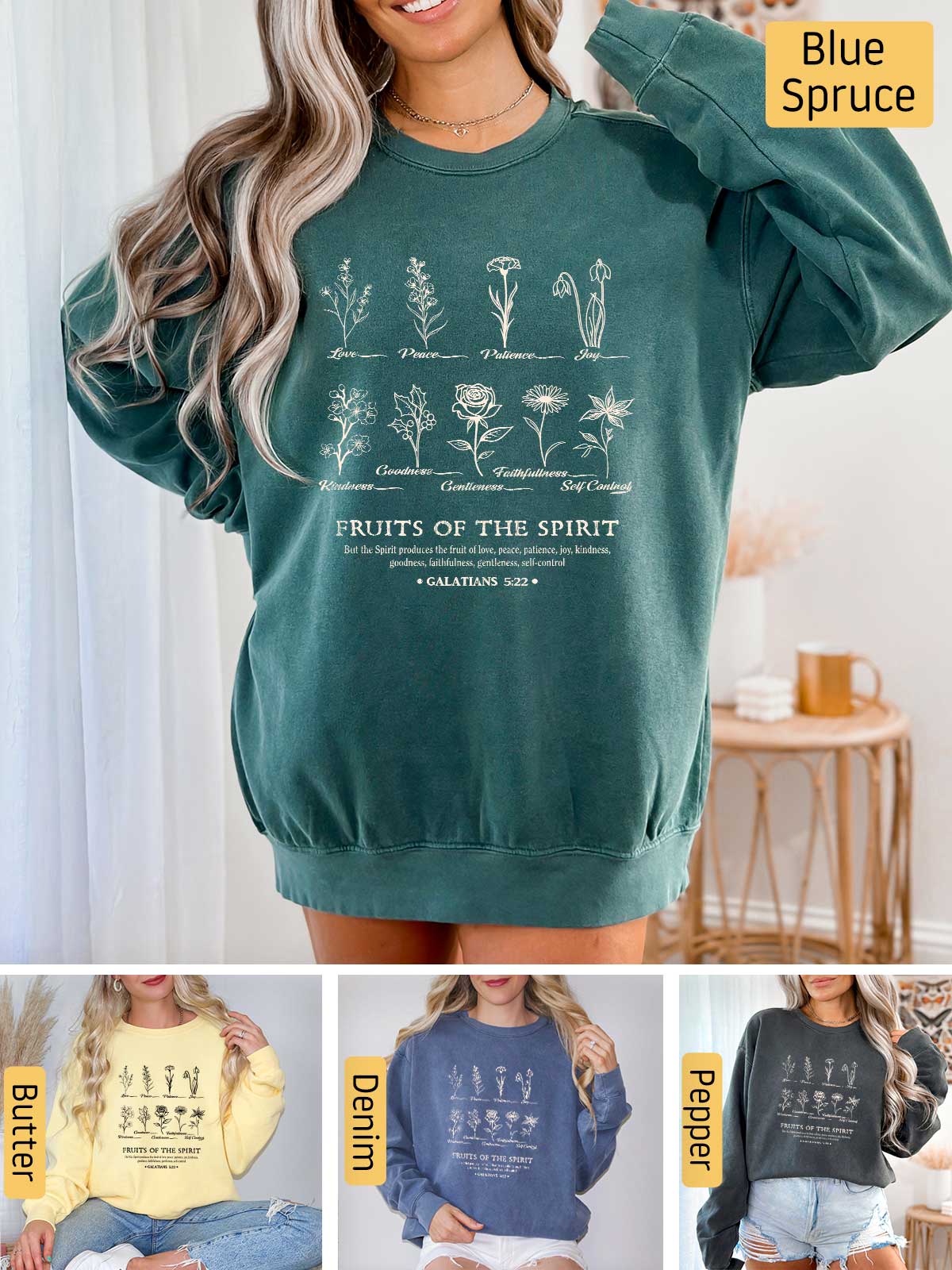 a woman wearing a green sweatshirt with the words fruit of the spirit printed on it