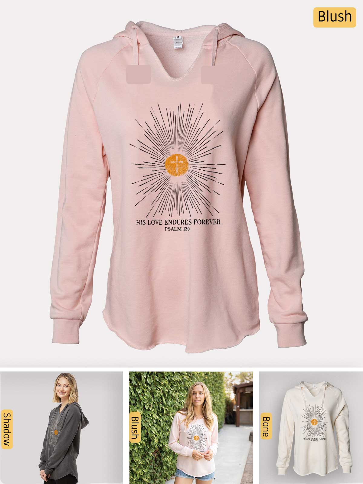 a women's pink hoodie with a picture of a sun on it