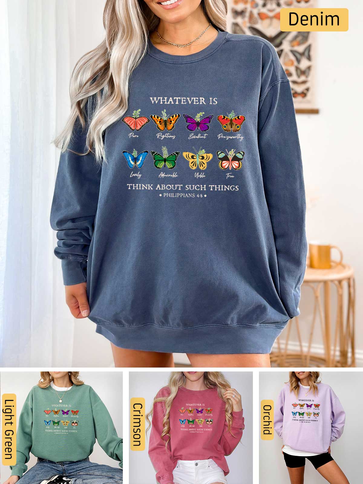 a woman wearing a sweatshirt with butterflies on it