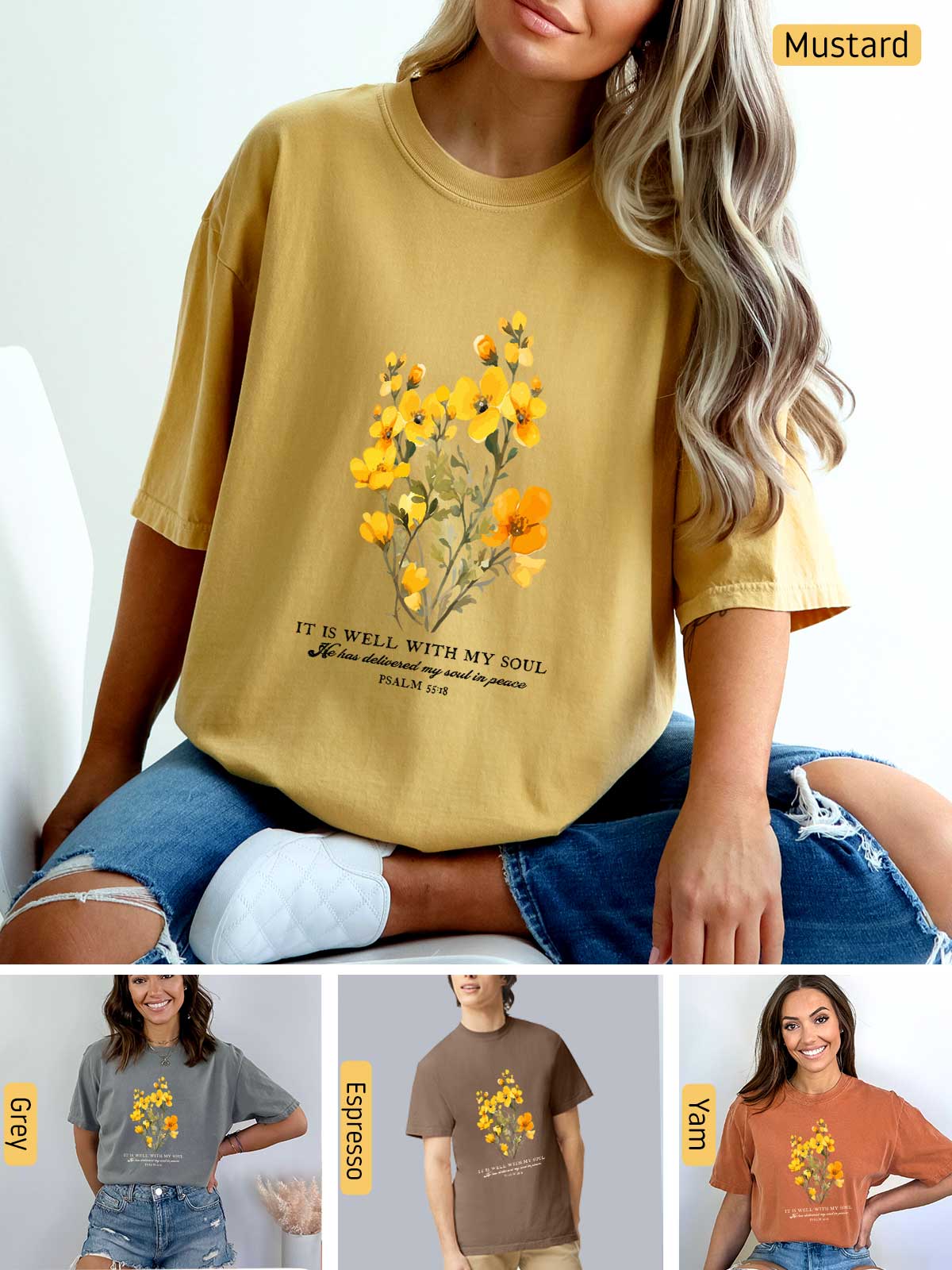a woman wearing a mustard colored shirt with flowers on it