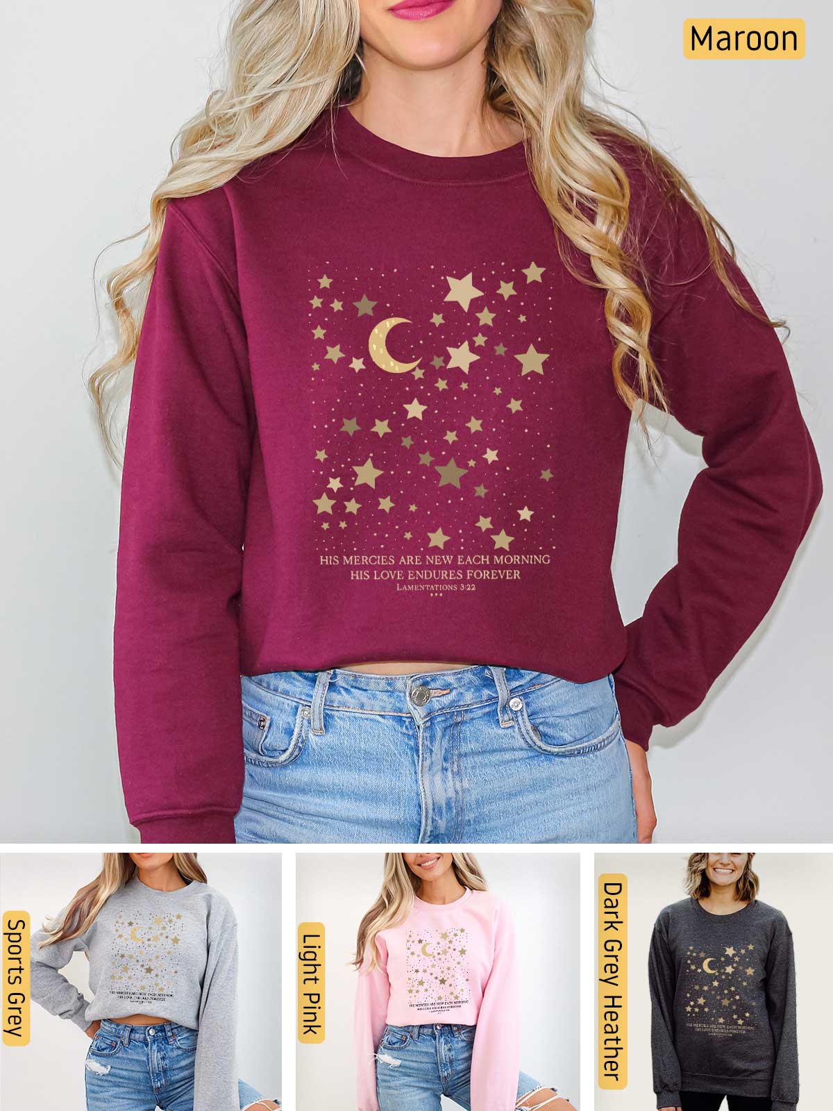 a woman wearing a sweatshirt with stars and moon on it