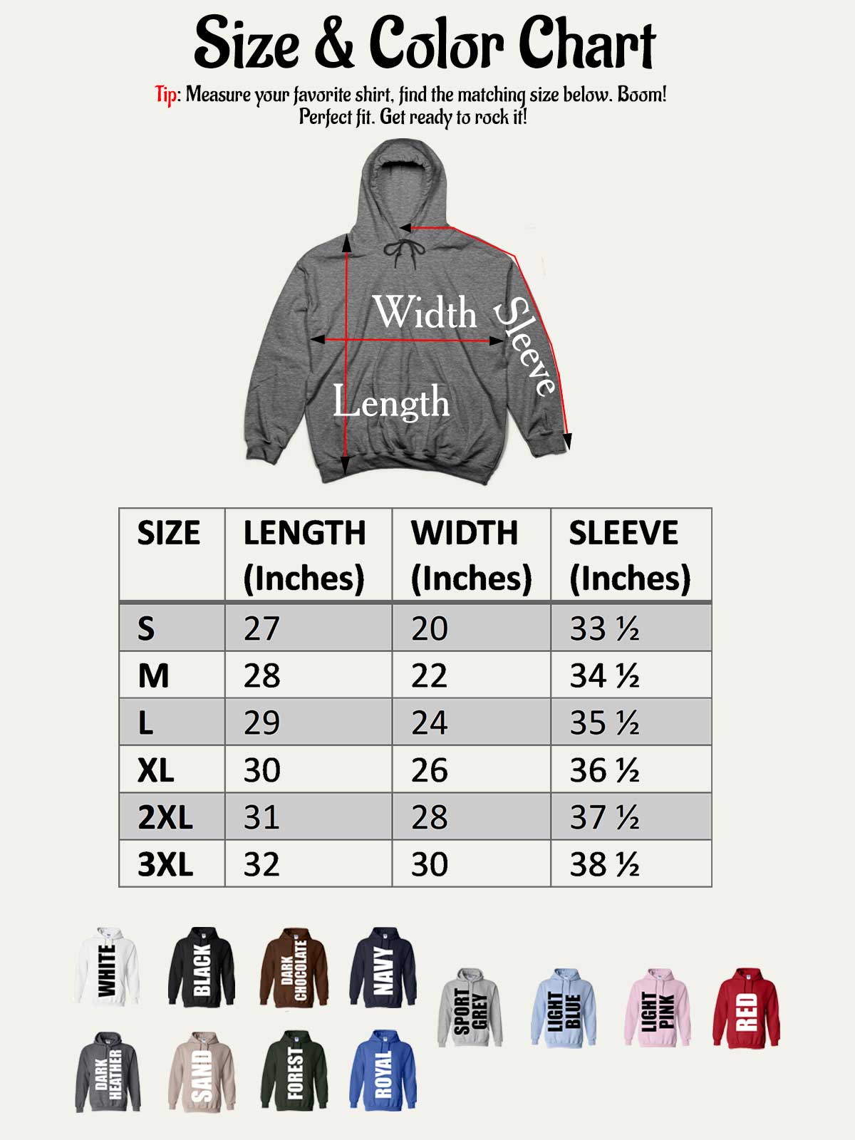 the size and color chart for a hoodie