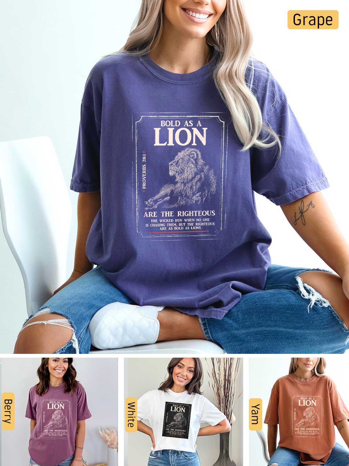 a woman sitting on a chair wearing a lion t - shirt