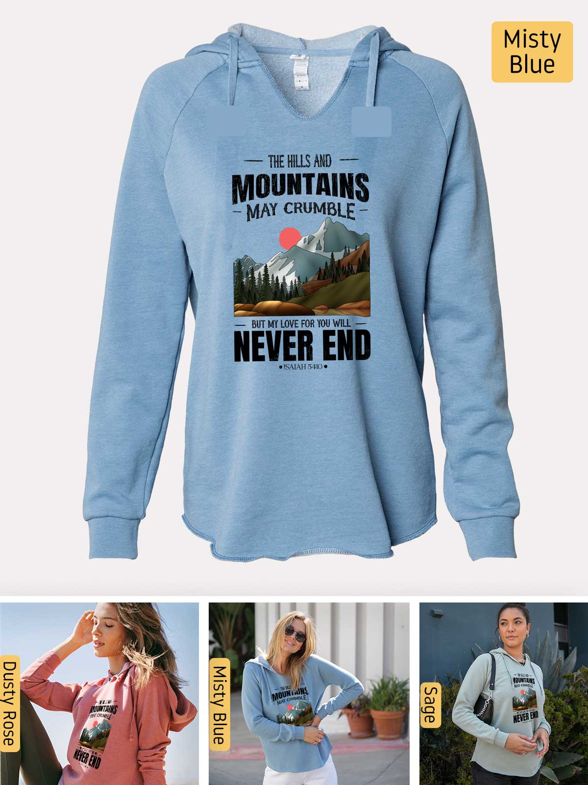 a blue hoodie with a picture of a mountain and a sunset on it