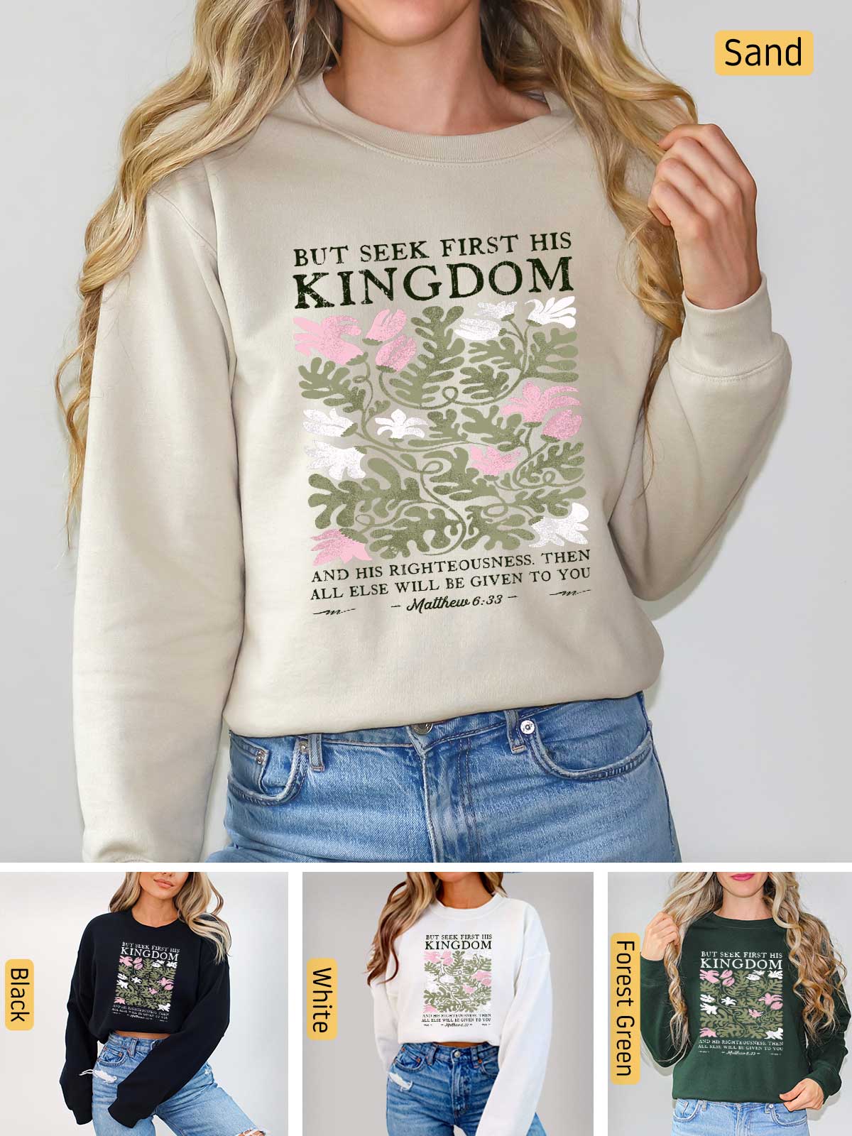 a woman wearing a sweatshirt that says but seek first she is kingdom