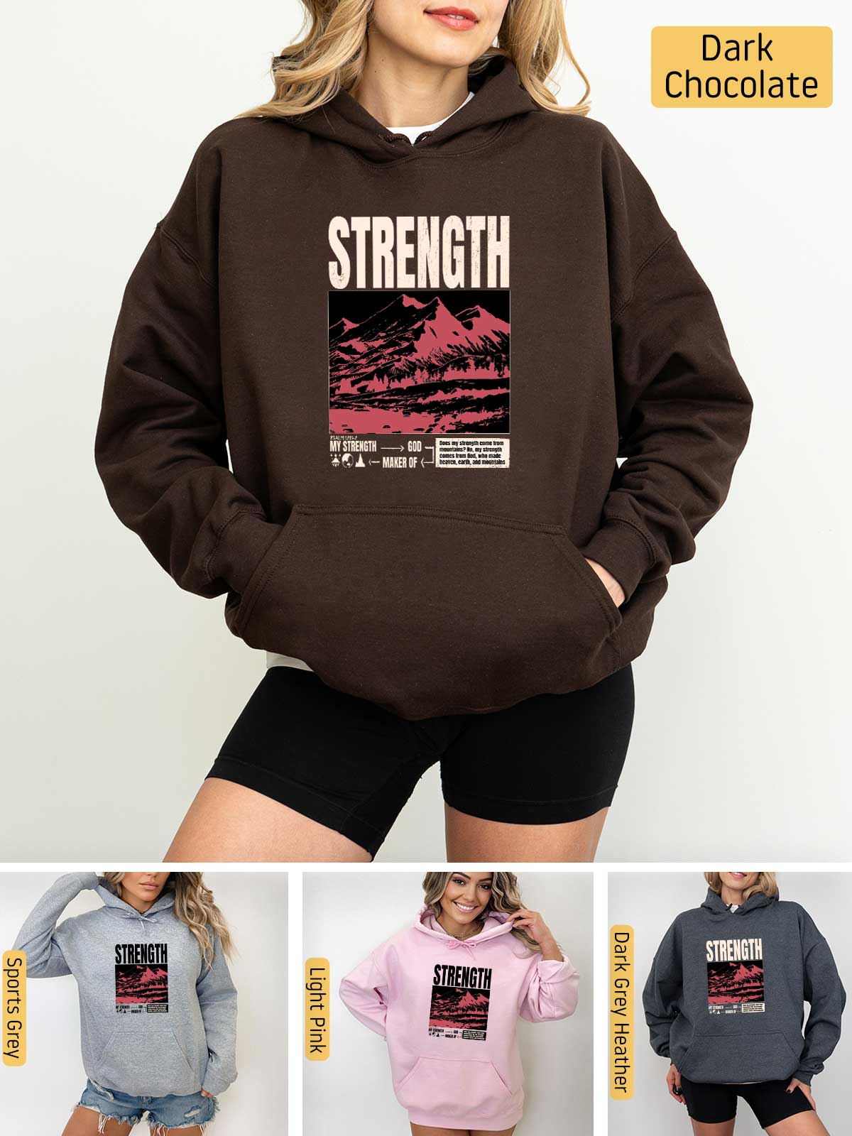 a woman wearing a hoodie with the words strength on it